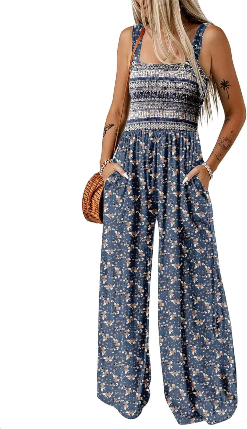 Women's Casual Loose Overalls Jumpsuits Sleeveless Floral Printed Wide Leg Full Length Rompers Pockets 100% Viscose