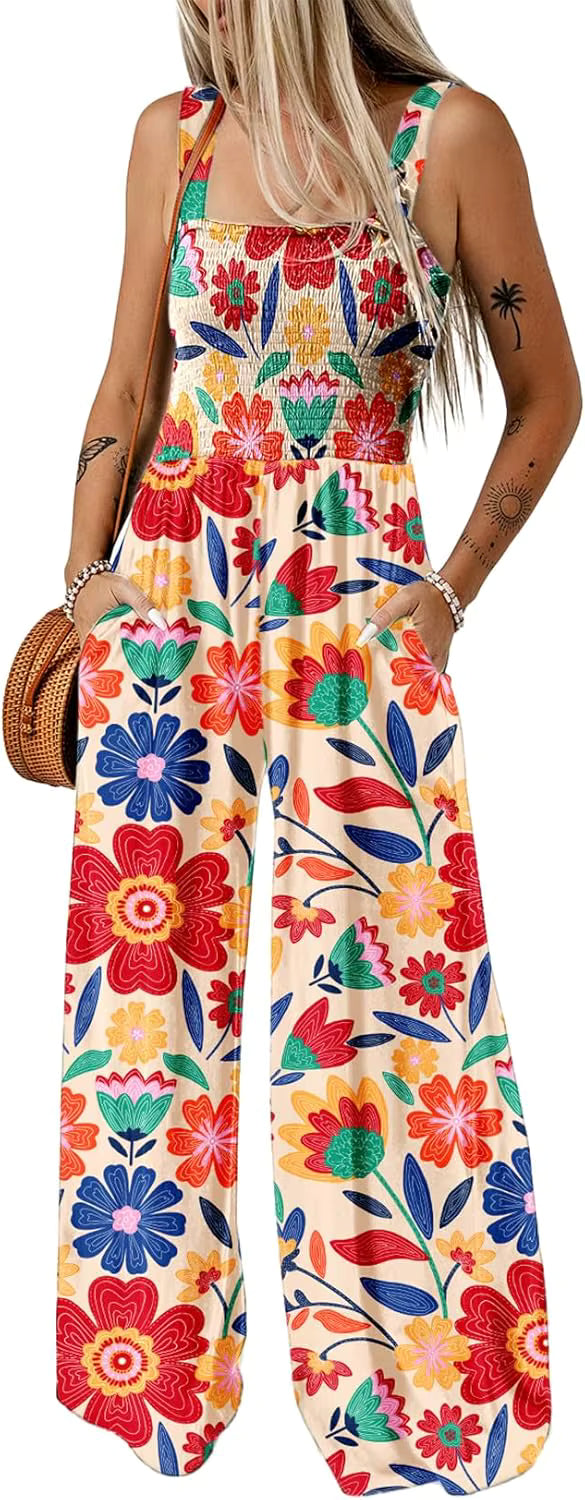 Women's Casual Loose Overalls Jumpsuits Sleeveless Floral Printed Wide Leg Full Length Rompers Pockets 100% Viscose