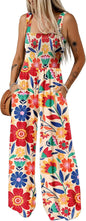 Women's Casual Loose Overalls Jumpsuits Sleeveless Floral Printed Wide Leg Full Length Rompers Pockets 100% Viscose