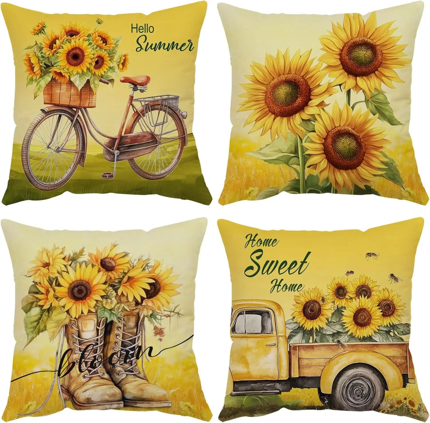 Spring Sunflower Cushion Pillow Cover, Warm Yellow  Boots Truck Bicycle Pillow Cover, Suitable for Home Decoration