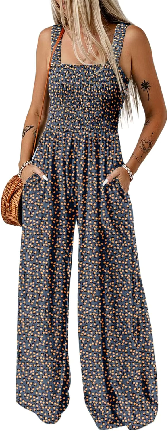 Women's Casual Loose Overalls Jumpsuits Sleeveless Floral Printed Wide Leg Full Length Rompers Pockets 100% Viscose