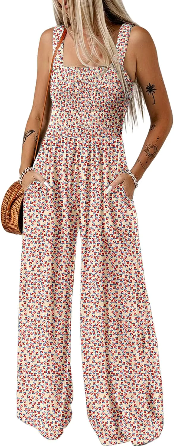 Women's Casual Loose Overalls Jumpsuits Sleeveless Floral Printed Wide Leg Full Length Rompers Pockets 100% Viscose
