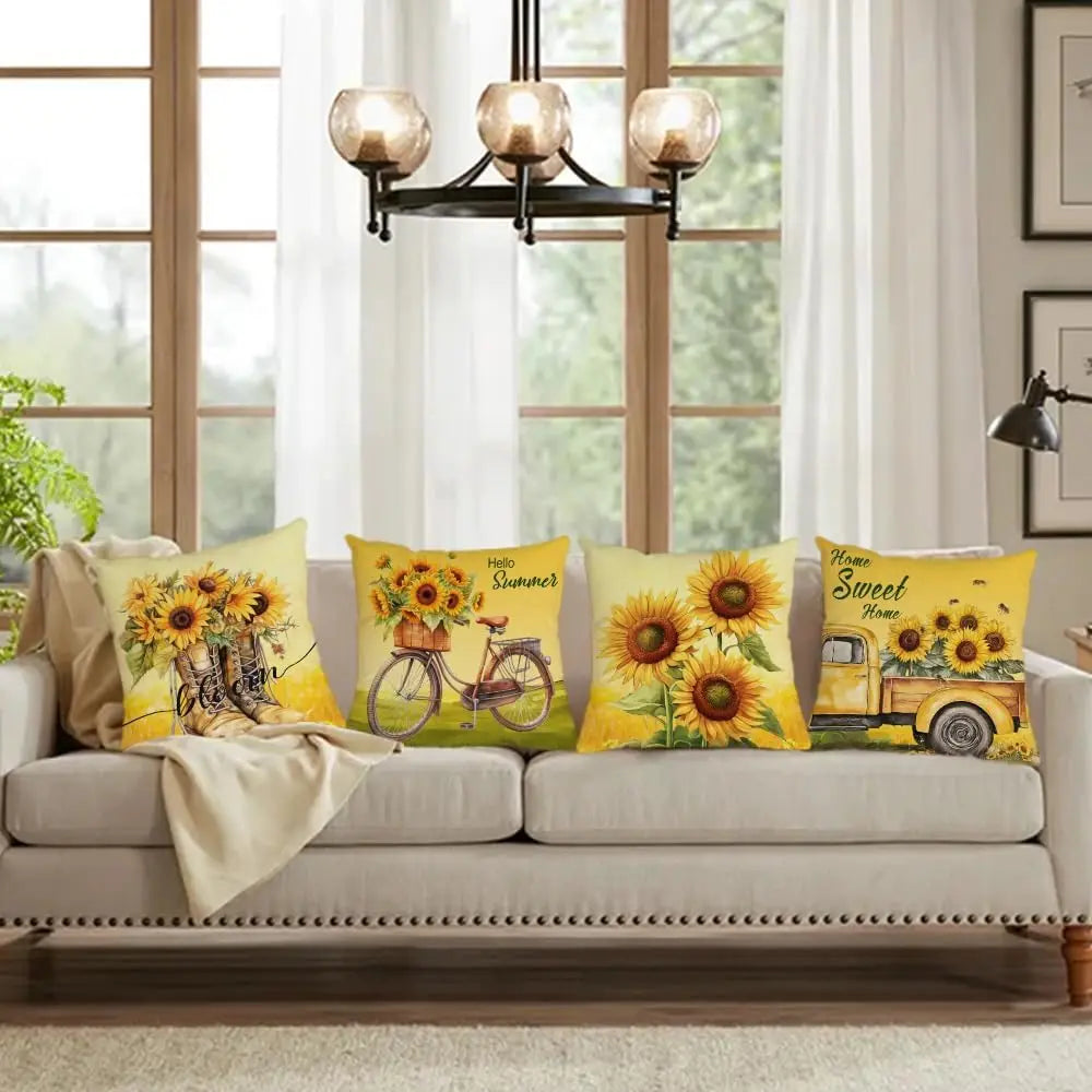 Spring Sunflower Cushion Pillow Cover, Warm Yellow  Boots Truck Bicycle Pillow Cover, Suitable for Home Decoration