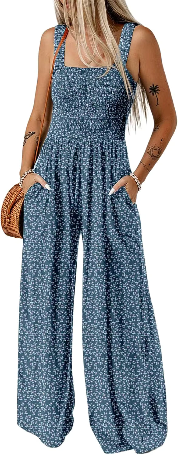Women's Casual Loose Overalls Jumpsuits Sleeveless Floral Printed Wide Leg Full Length Rompers Pockets 100% Viscose