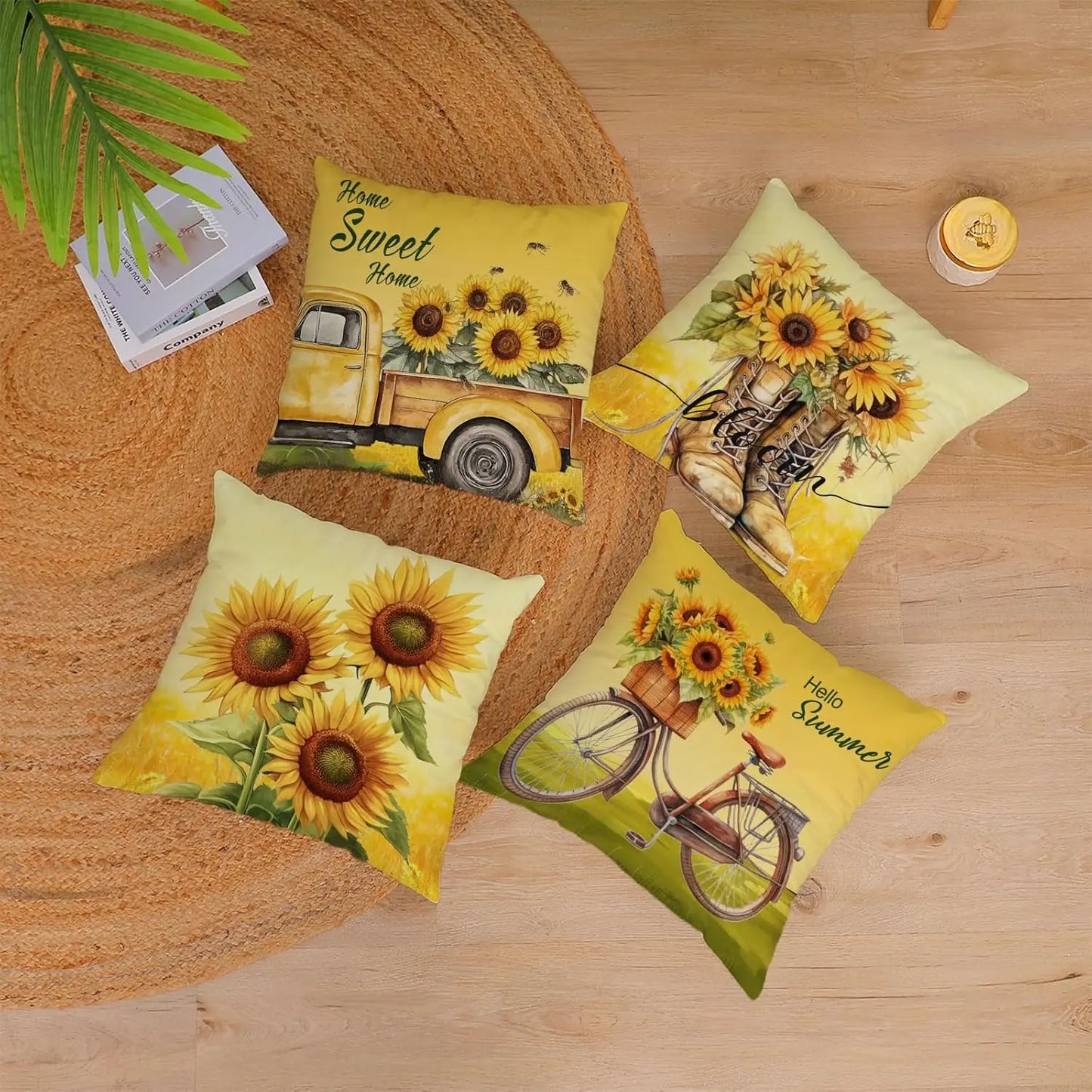 Spring Sunflower Cushion Pillow Cover, Warm Yellow  Boots Truck Bicycle Pillow Cover, Suitable for Home Decoration
