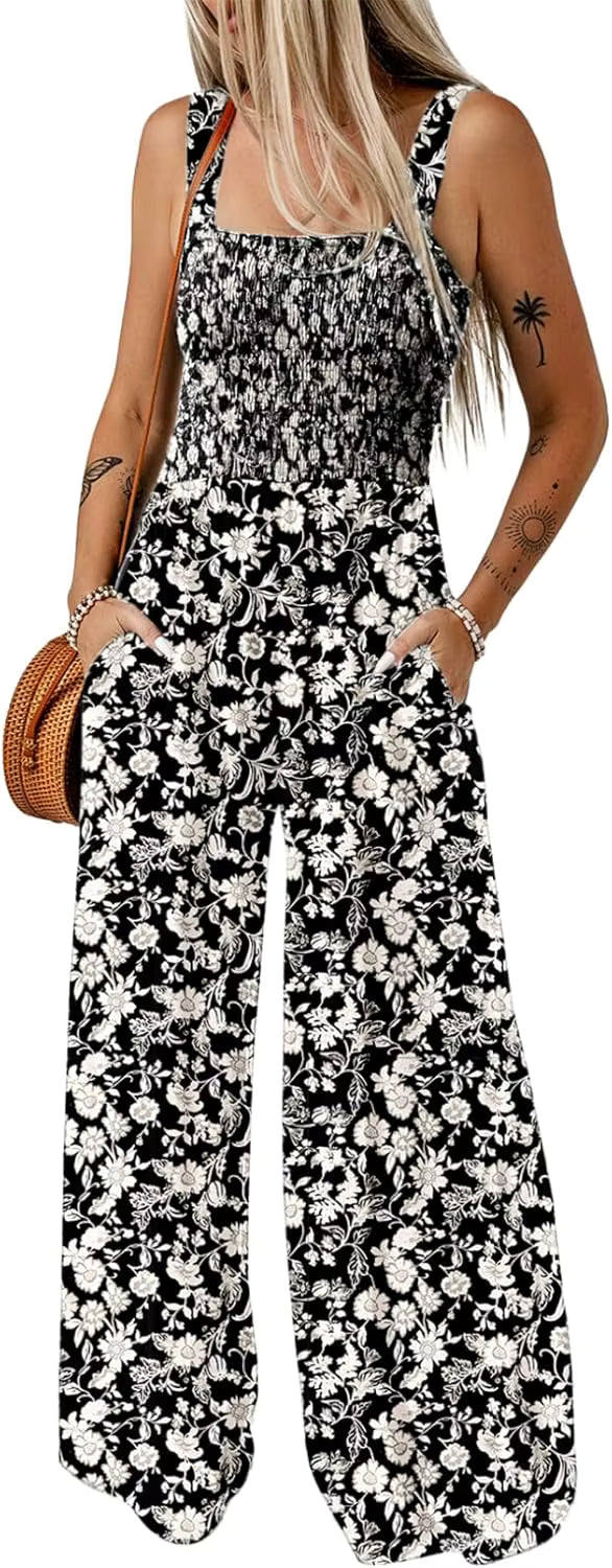 Women's Casual Loose Overalls Jumpsuits Sleeveless Floral Printed Wide Leg Full Length Rompers Pockets 100% Viscose