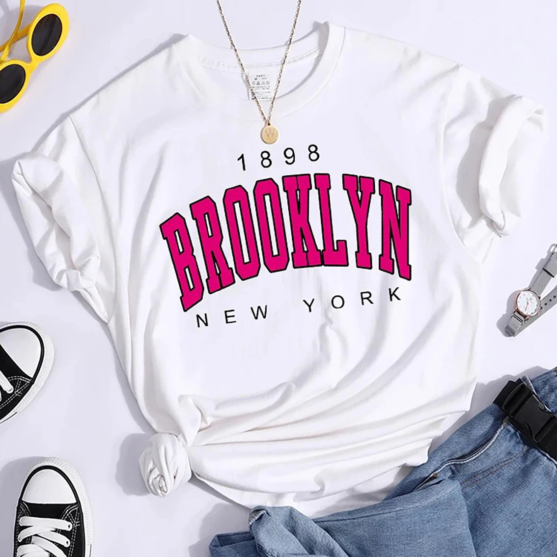 New Summer Women T Shirt 1898 Brooklyn New York Print Short Sleeve T-Shirts Warm Casual Streetwear Hip Hop Y2k Clothes Tops