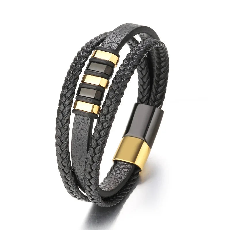 Mens Leather Bracelet with Clasp Cowhide Multi-Layer Braided Leather Mens Bracelet