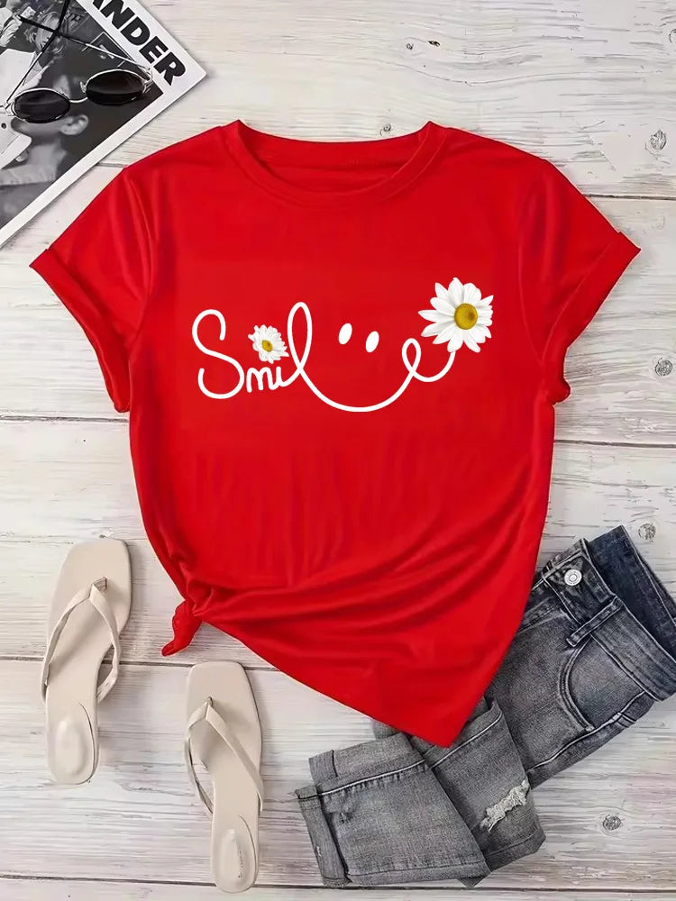 Beautiful Daisy Smile Letter Printed T Shirt Harajuku Fashion Graphic Black T Shirt Shirt Casual O-neck Female Tops Tee