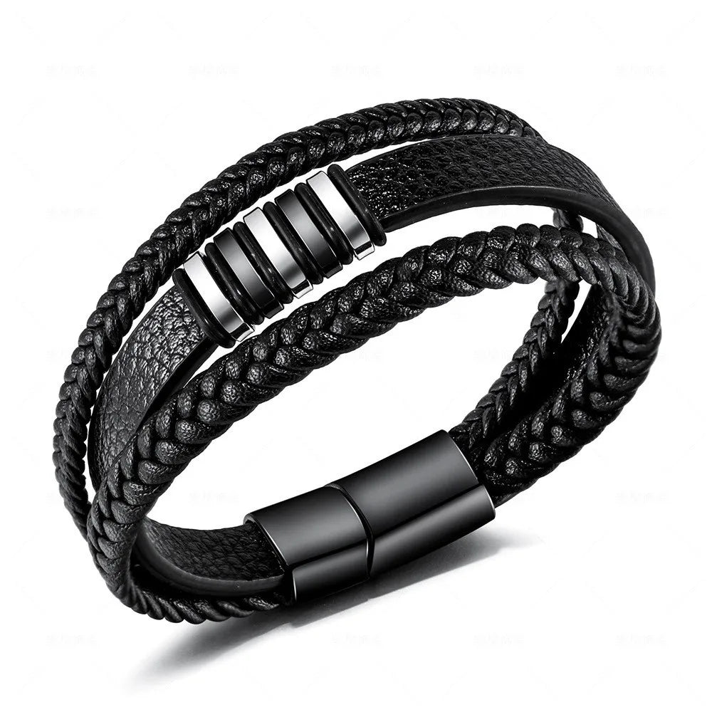 Mens Leather Bracelet with Clasp Cowhide Multi-Layer Braided Leather Mens Bracelet