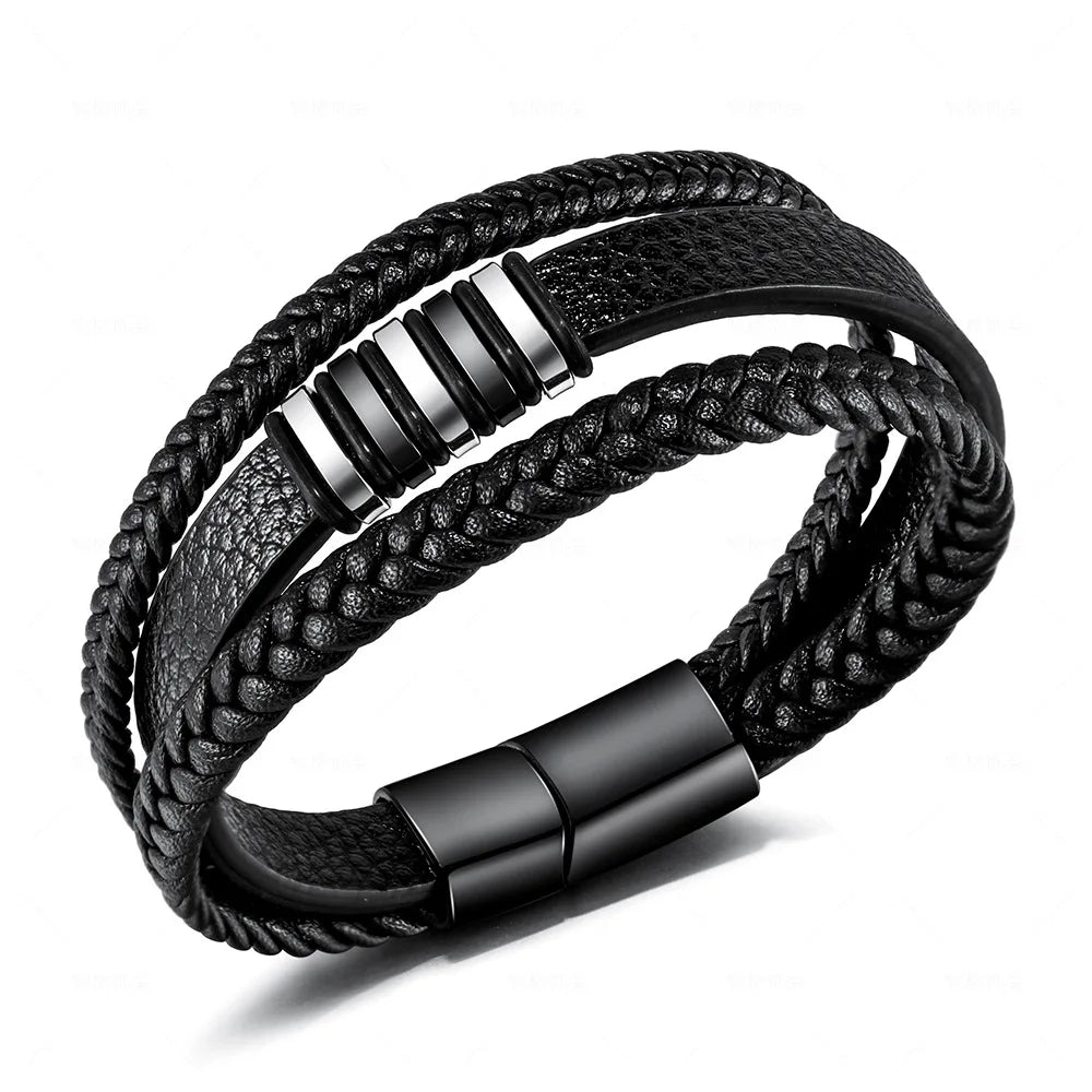 Mens Leather Bracelet with Clasp Cowhide Multi-Layer Braided Leather Mens Bracelet