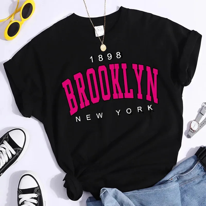 New Summer Women T Shirt 1898 Brooklyn New York Print Short Sleeve T-Shirts Warm Casual Streetwear Hip Hop Y2k Clothes Tops