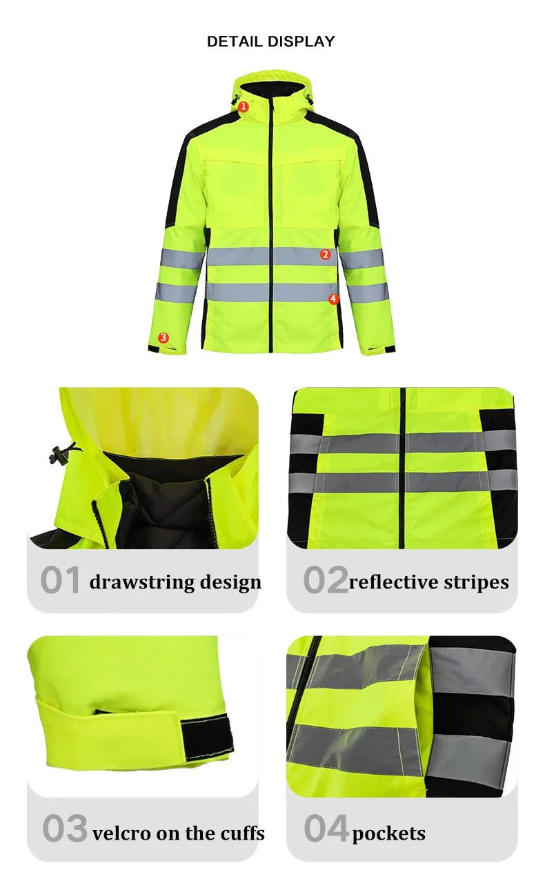 Hi Viz Yellow Workwear Suits for Work in Winter 3 in 1 Hi Vis Workwear Waterproof Jacket with Linner and Working Pants Men Set