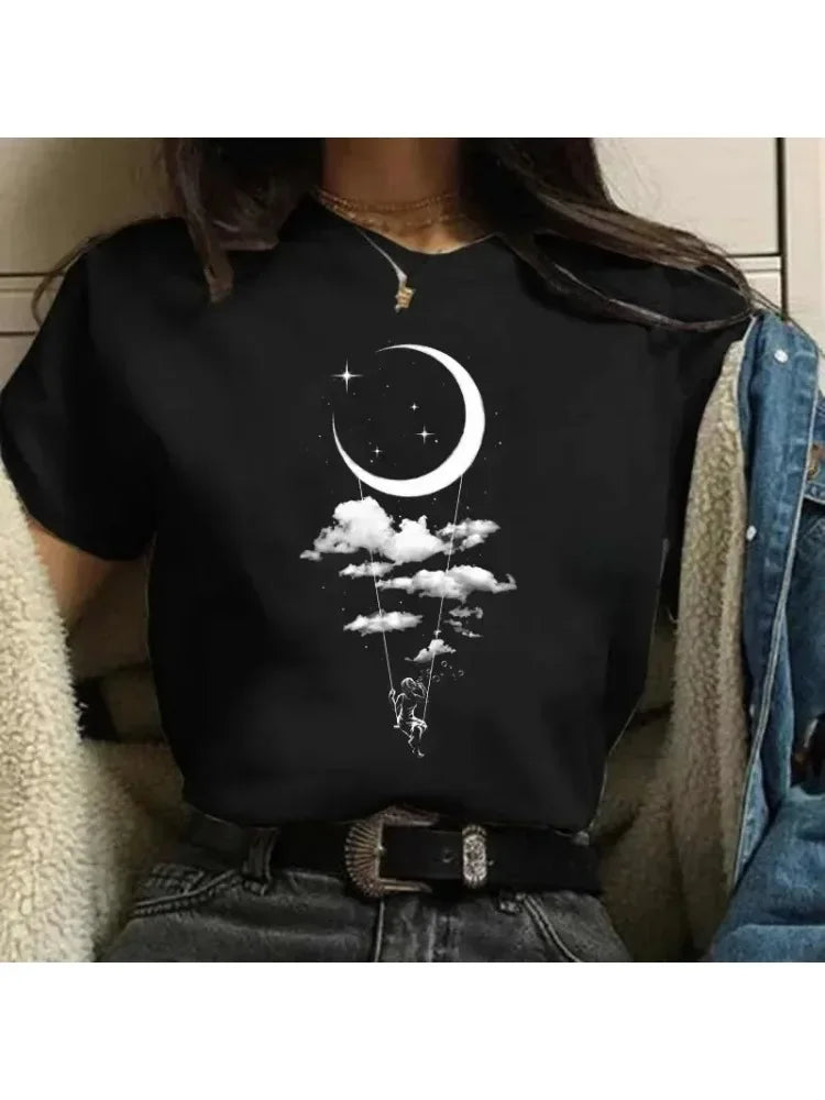 90s Moon Harajuku Funny 90s Women T Shirt Girl Cartoon Graphic Printed Black Ladies T-shirt Casual Woman Shirt Kawaii Tee Shirt