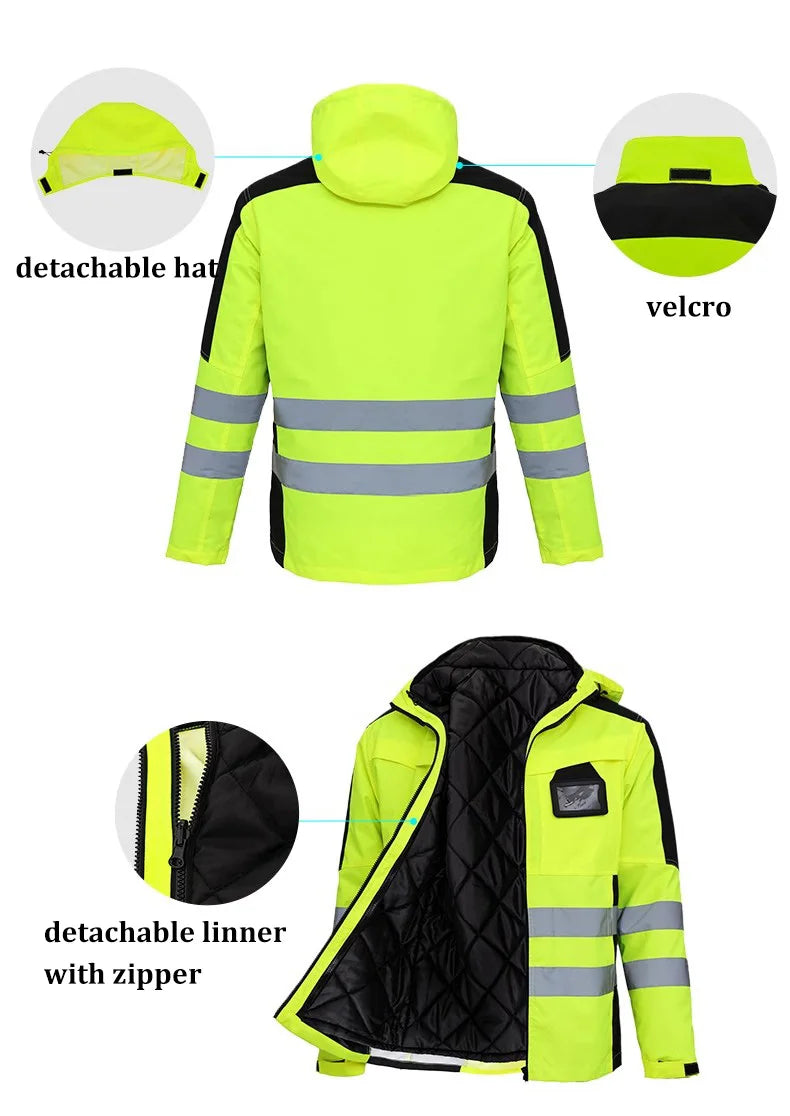 Hi Viz Yellow Workwear Suits for Work in Winter 3 in 1 Hi Vis Workwear Waterproof Jacket with Linner and Working Pants Men Set