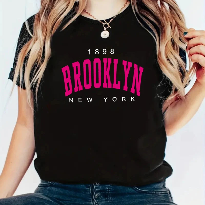 New Summer Women T Shirt 1898 Brooklyn New York Print Short Sleeve T-Shirts Warm Casual Streetwear Hip Hop Y2k Clothes Tops