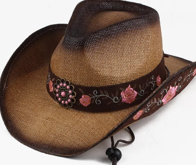 Western Cowboy Straw Hat Women Breathable Sun Protection Wide Brim With Flower Embroidery Bead Decor Adjustable Rope