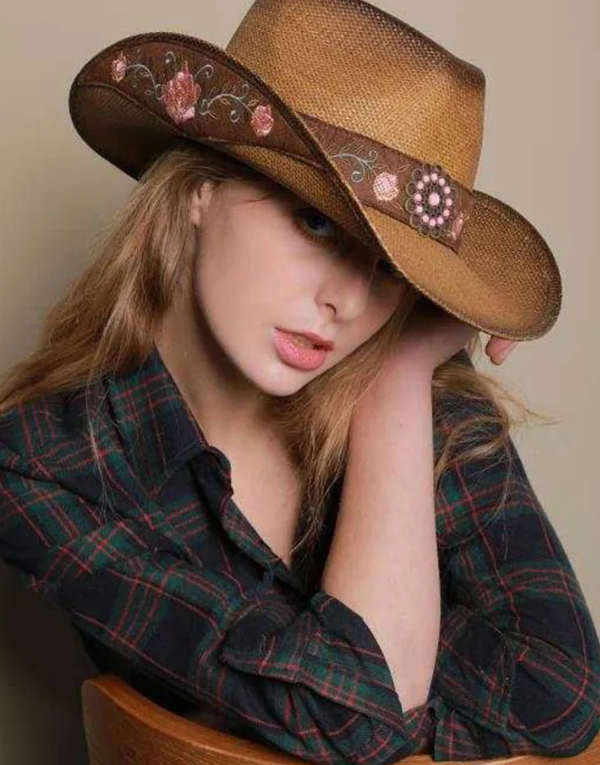 Western Cowboy Straw Hat Women Breathable Sun Protection Wide Brim With Flower Embroidery Bead Decor Adjustable Rope