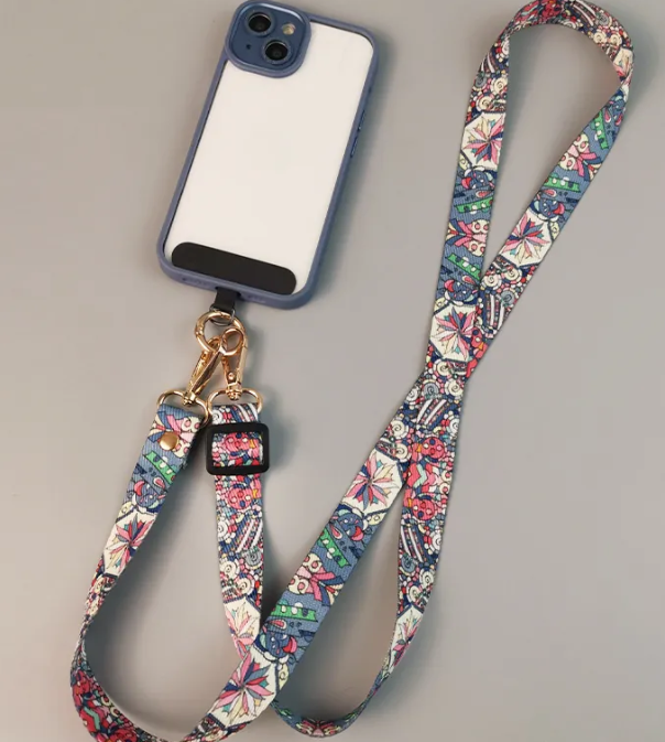 Adjustable Crossbody Phone Lanyard Neck Strap Tribal Retro Bohemian Pattern Fabric Hanging Chain With Metal Hook For Smartphone.