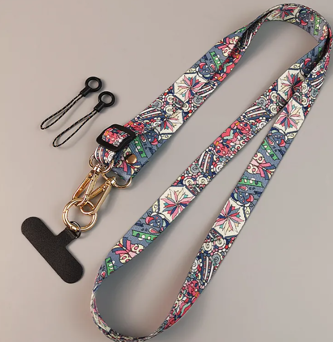 Adjustable Crossbody Phone Lanyard Neck Strap Tribal Retro Bohemian Pattern Fabric Hanging Chain With Metal Hook For Smartphone.