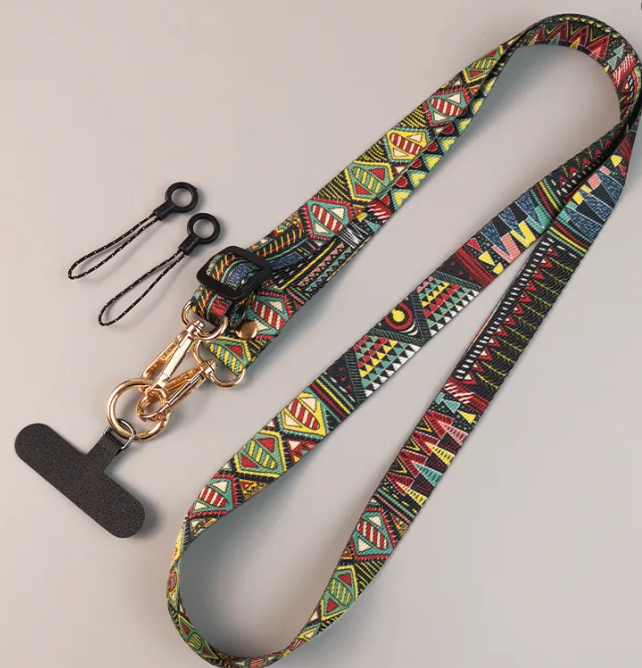 Adjustable Crossbody Phone Lanyard Neck Strap Tribal Retro Bohemian Pattern Fabric Hanging Chain With Metal Hook For Smartphone.