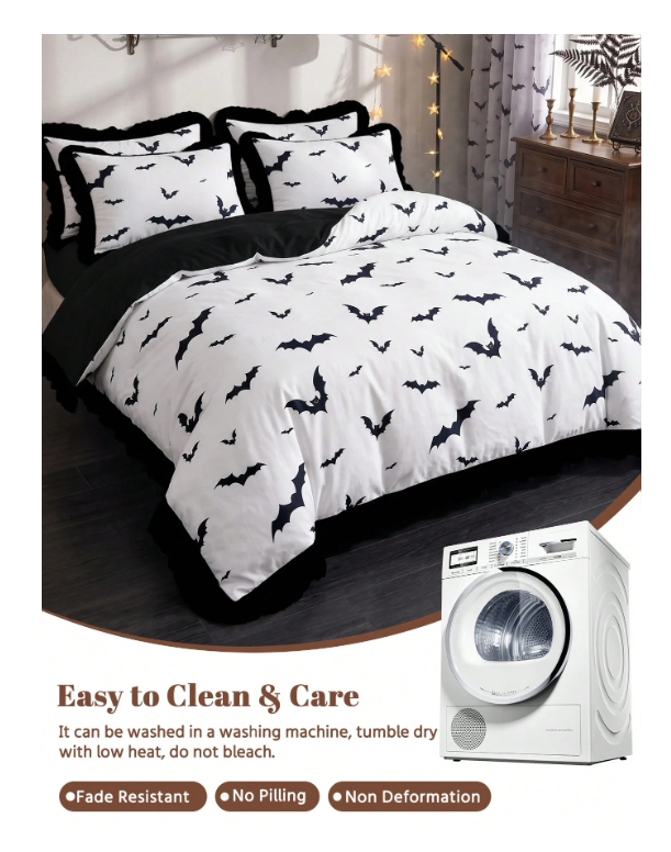 3pcs Ruffle Duvet Cover Set, Halloween Black Bat Bedding, Cozy Room Decor, Skin-Friendly Breathable, Ultra Soft Anti-Pilling, No Duvet Insert, Suitable For Twin/Full/Queen/King Size Bed, All Season, Machine Washable