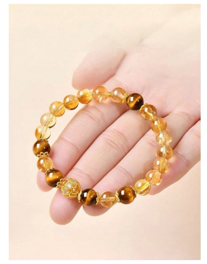 Vintage Boho Style Tiger Eye & Yellow Crystal Beaded Bracelet