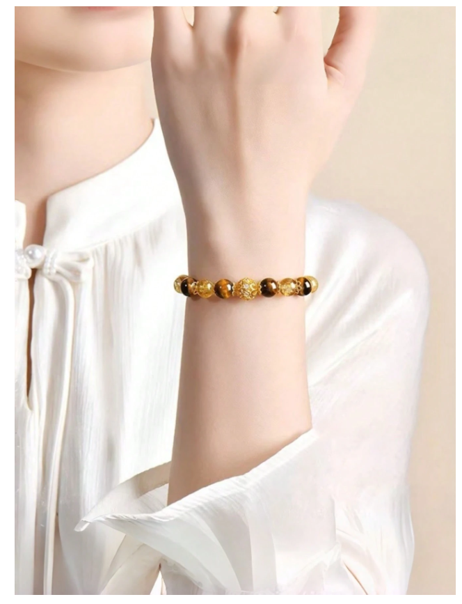 Vintage Boho Style Tiger Eye & Yellow Crystal Beaded Bracelet