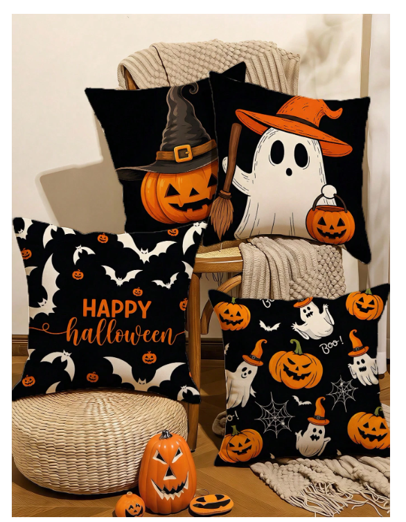 4pcs Halloween Pillow Covers, Polyester Material, Suitable For Living Room, Ghost, Bat, Pumpkin Pattern Decorative Cushions (18x18 Inches), Suitable For Room, Halloween Decoration (Pillow Inserts Not Included)