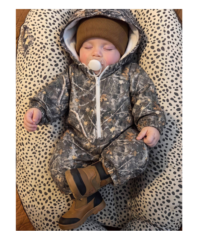 SHEIN Baby Boy Autumn/Winter Casual Branch Print Zip-Up Hooded Warm Jumpsuit
