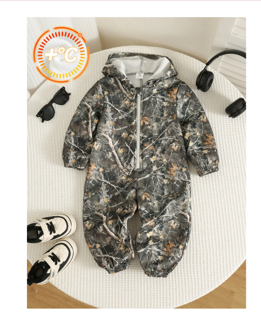 SHEIN Baby Boy Autumn/Winter Casual Branch Print Zip-Up Hooded Warm Jumpsuit