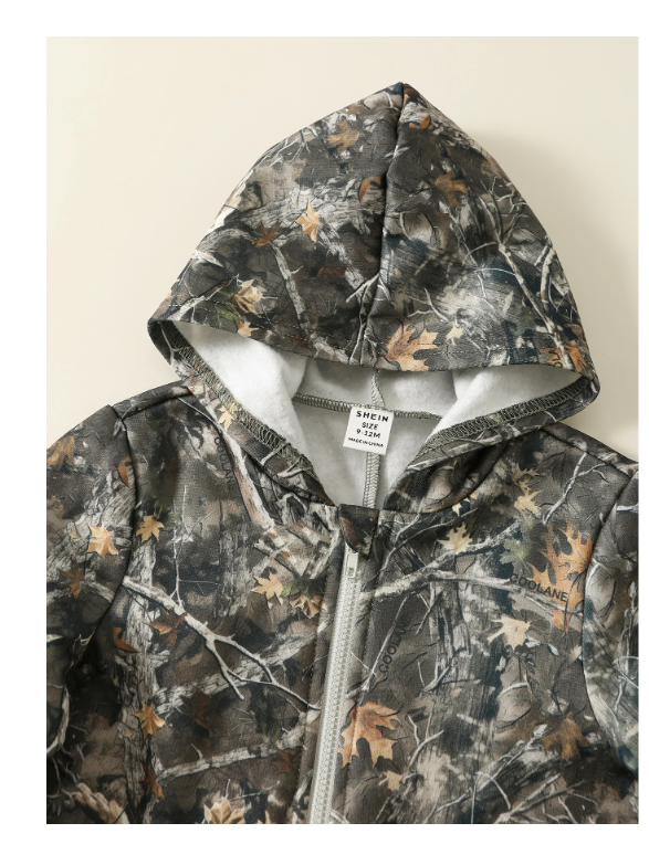 SHEIN Baby Boy Autumn/Winter Casual Branch Print Zip-Up Hooded Warm Jumpsuit