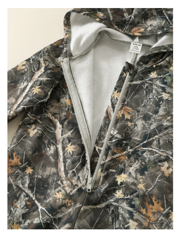 SHEIN Baby Boy Autumn/Winter Casual Branch Print Zip-Up Hooded Warm Jumpsuit