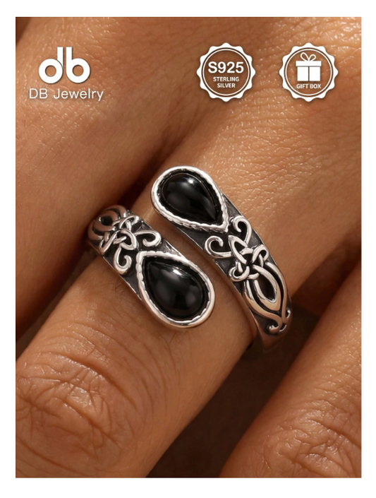 S925 Sterling Silver Black Agate Spoon Ring With Gift Box