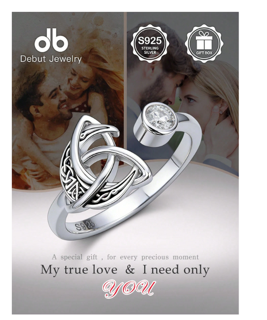 S925 Sterling Silver Women's Celtic Trinity Knot Open Ring, Zirconia Adjustable Band, Halloween Daily Wear Vintage Irish Pattern Ring Jewelry Gift
