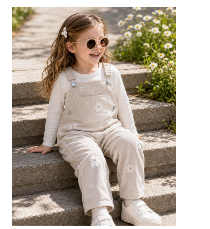 Baby Girls Sweet Floral Embroidered Overalls With Shoulder Straps And Cuffed Hems Casual Long Pants