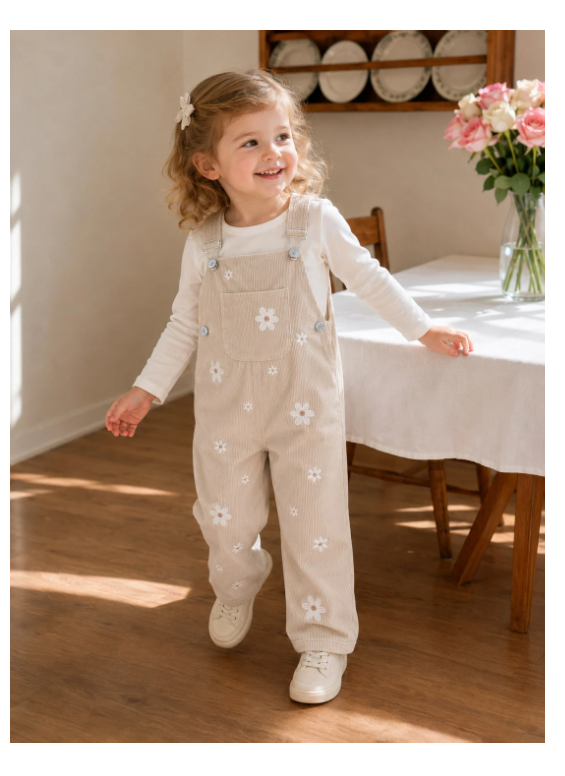 Baby Girls Sweet Floral Embroidered Overalls With Shoulder Straps And Cuffed Hems Casual Long Pants