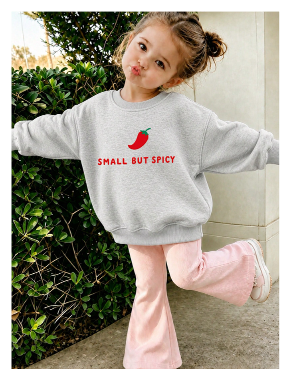 Girls Chili Pepper Small But Spicy Graphic Sweatshirt, Kids Crewneck Long Sleeve Pullover, Cute Casual Fall Winter School Top