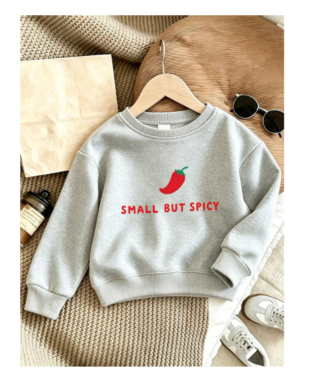 Girls Chili Pepper Small But Spicy Graphic Sweatshirt, Kids Crewneck Long Sleeve Pullover, Cute Casual Fall Winter School Top