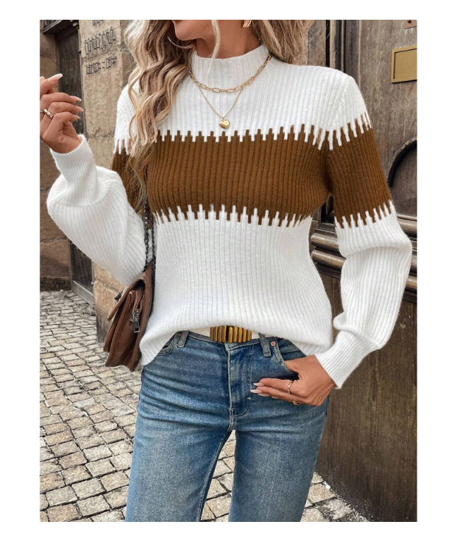 High Neck Color Block Patchwork Lantern Sleeve Casual Commute Outdoor Women Sweater