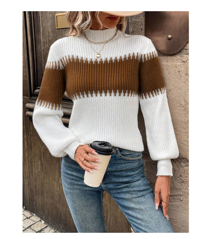 High Neck Color Block Patchwork Lantern Sleeve Casual Commute Outdoor Women Sweater