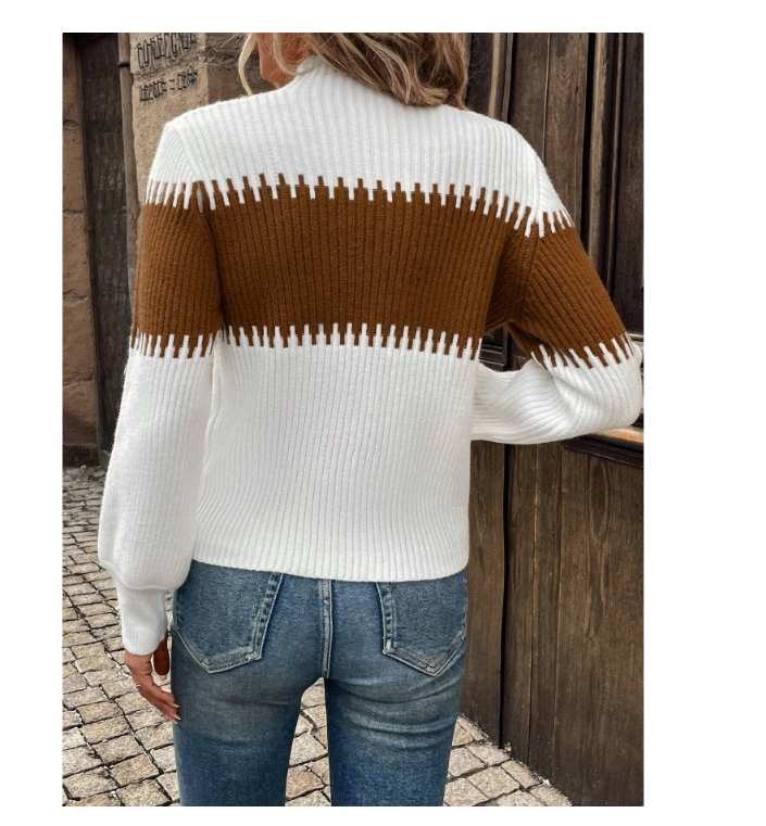High Neck Color Block Patchwork Lantern Sleeve Casual Commute Outdoor Women Sweater