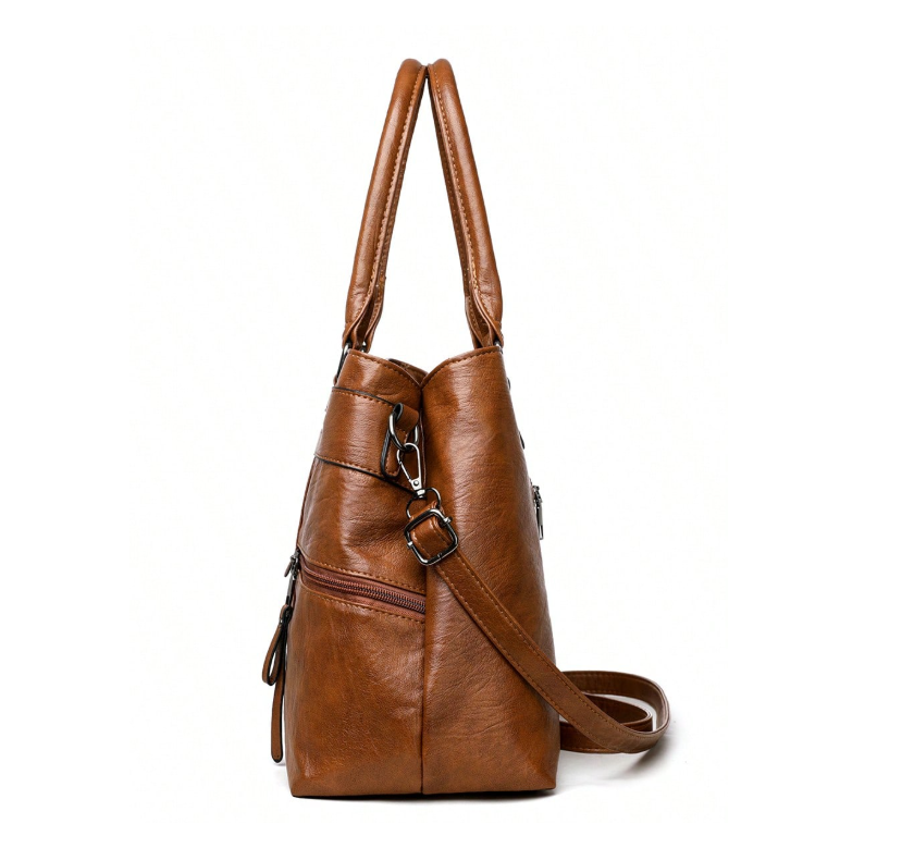 1pc Women's Solid Retro Brown Tote Bag, Large Capacity Multi-Zipper Pockets Hand