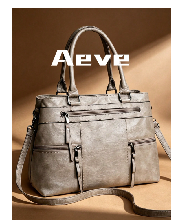 1pc Women's Solid Retro Brown Tote Bag, Large Capacity Multi-Zipper Pockets Hand