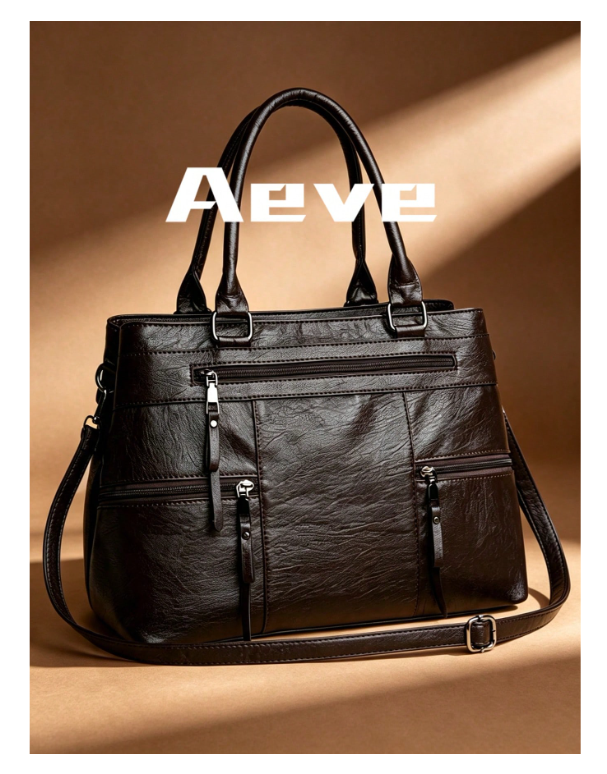 1pc Women's Solid Retro Brown Tote Bag, Large Capacity Multi-Zipper Pockets Hand