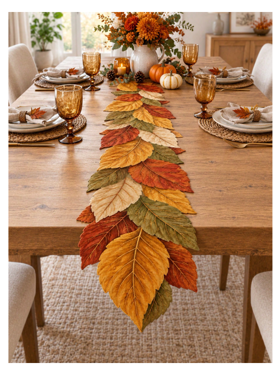 1pc Autumn Leaf Linen Table Runner, Autumn Leaf Shaped Table Runner, Rust Orange, Mustard Green And Beige Layered Leaf Design