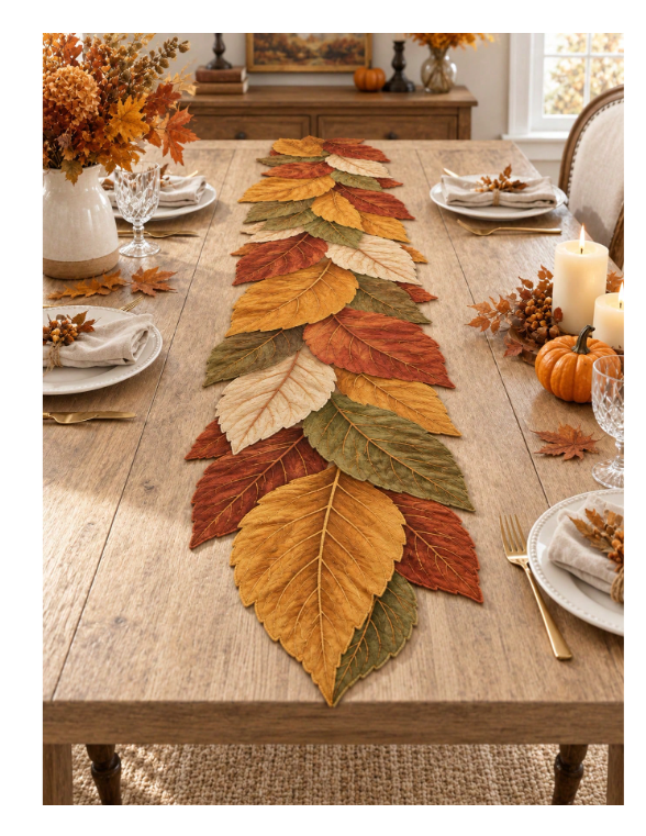 1pc Autumn Leaf Linen Table Runner, Autumn Leaf Shaped Table Runner, Rust Orange, Mustard Green And Beige Layered Leaf Design