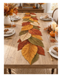 1pc Autumn Leaf Linen Table Runner, Autumn Leaf Shaped Table Runner, Rust Orange, Mustard Green And Beige Layered Leaf Design