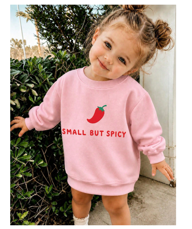 Girls Chili Pepper Small But Spicy Graphic Sweatshirt, Kids Crewneck Long Sleeve Pullover, Cute Casual Fall Winter School Top
