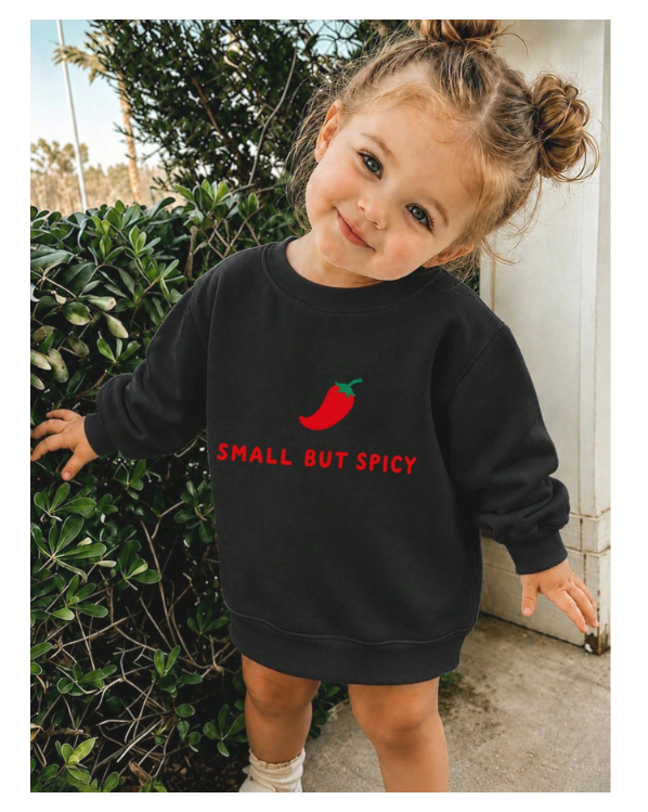 Girls Chili Pepper Small But Spicy Graphic Sweatshirt, Kids Crewneck Long Sleeve Pullover, Cute Casual Fall Winter School Top